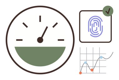Hız göstergesi, işaretli biyometrik parmak izi doğrulaması, noktalı analitik grafik ve çizgiler. Güvenlik, performans, ölçüm, teknoloji, veri, yenilik için ideal düz