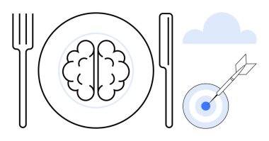 Çatal, bıçak ve beyni olan tabak yaratıcılığı ve stratejiyi sembolize ediyor. Oklu ve bulutlu hedef hedefler, odaklanma ve yenilik öneriyor. Eğitim için ideal, problem çözme başarısı yaratıcılık