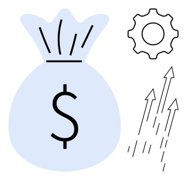 Para torbası zenginliği simgeler, işlem yönetimi için vites, büyüme potansiyeli ve ilerleme için yukarı doğru oklar. Finans, yatırım, iş büyümesi, zenginlik, strateji süreci için ideal başarı. A