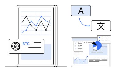 Analizleri gösteren bir masaüstü ekranının yanında şifreli para birimi şeması ve çeviri arayüzü olan mobil ekran. Finans, teknoloji, analitik, kripto para birimi, dil hizmetleri, yazılım için ideal