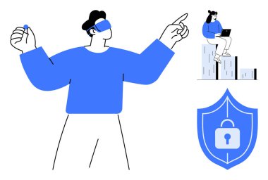 VR kulaklıklı bir adam, grafik bloklarında dizüstü bilgisayar kullanan bir kadın, asma kilit ikonu. Teknolojik yenilik, siber güvenlik, veri analizi, yaratıcılık, çevrimiçi güvenlik, oyun gelecekteki eğilimleri için ideal