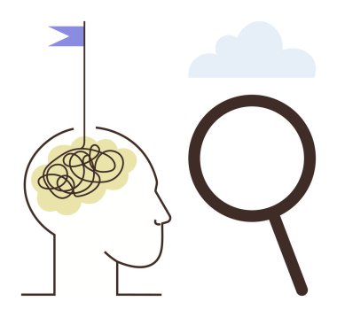 Karmaşık düşünceleri olan insan kafası analiz için büyüteç ve fikirler için bulut. Problem çözme, beyin fırtınası, eleştirel düşünme, yenilik, araştırma, psikoloji için ideal.