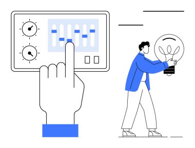 Kişi ampul taşırken sürgüleri ve tuşları olan kontrol paneliyle el etkileşimi. Yenilik, yaratıcılık, problem çözme, fikir üretimi, enerji, teknoloji, optimizasyon için ideal