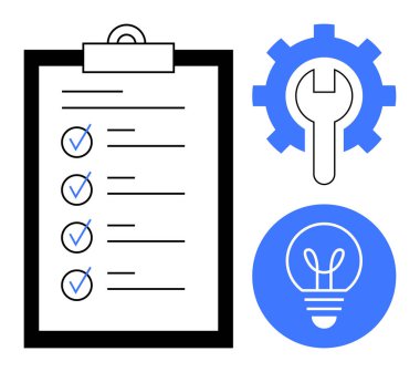 Kontrol listesi, mavi dişli, İngiliz anahtarı ve ampullü siyah pano. Planlama, strateji, yenilik, optimizasyon, bakım, iş akışı verimliliği ve basit iniş sayfası için ideal