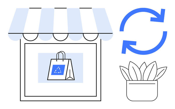 Eco-friendly shopping bag in storefront with recycling symbol, refreshing arrows, and potted plant. Ideal for sustainability, retail, eco-conscious living, circular economy, shopping, business
