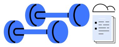 Bulutlu bir spor salonu, eğitim ve sağlık hizmetleri altında iki mavi halterin yanında istiflenmiş belgeler. Fitness stratejisi, sağlık takibi, egzersiz hedefleri, kişisel gelişim, spor salonu planlaması için ideal