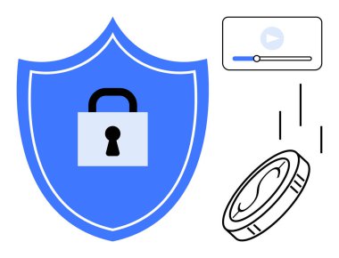 Mavi kalkanda asma kilit, video kontrol çubuğu ve bozuk para dijital güvenlik, medya erişimi, çevrimiçi ödeme güvenliği ve telif hakkı var. Siber güvenlik, finans, gizlilik medya hakları için ideal