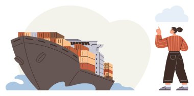 Büyük kargo gemisi nakliye konteynırlarıyla dolu, kadın gemiyi işaret ediyor, küresel ticaret kavramlarını simgeliyor. Lojistik, deniz taşımacılığı, iş büyümesi, ticaret, tedarik zinciri, ihracat için ideal