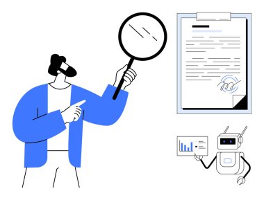 Panodaki imzalı belgeyi gösteren büyüteç kullanan bir adam, tablette veri gösteren bir robot. Araştırma, teknoloji, analiz, yenilik, iş incelemesi, yapay zeka entegrasyonu için ideal, basit