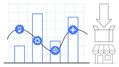 Mevsimlik semboller, moda çizgileri ve alışveriş ikonlarının yer aldığı bar tablosu zamanla satış modellerini görselleştiriyor. Perakende analizi, ticaret, mevsimlik trendler, pazarlama, lojistik, büyüme izleme için ideal