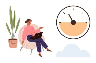 Dizüstü bilgisayarlı bir kadın, düşünceli, zaman yönetimi konseptini gösteren büyük bir saat, saksı bitkisi ve bulutla rahatlamış bir ortam. Üretkenlik, iş-yaşam dengesi ve uzak çalışma için ideal