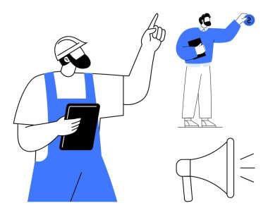 Tabletli inşaat işçisi, elinde bozuk para tutan adam ve altı çizili megafon takım çalışması, finansal planlama ve iletişim. İş, takım çalışması, finans, liderlik stratejisi işbirliği için ideal