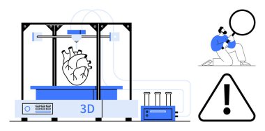 3D yazıcı kompleks kalp modeli yapıyor. Bilim adamı bulguları büyüteçle inceliyor. Güvenlik uyarısı mevcut. Yenilik, bilim, araştırma, teknoloji, sağlık, eğitim için idealdir.