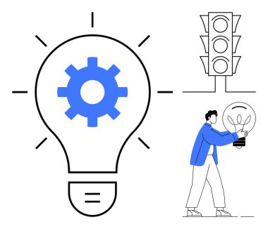 Teçhizatlı ampul, trafik ışığı ve elinde ampul tutan kişi yeniliği, karar vermeyi, yaratıcılığı ve optimizasyonu sembolize ediyor. Teknoloji, strateji ve liderlik büyümesi için ideal