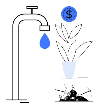 Su damlası akan musluk büyüyen bir para sembolüne akıyor, madencilik araçları para kırıyor. Yatırım, sürdürülebilirlik, büyüme, mali planlama, kaynak yönetimi, yenilik için ideal