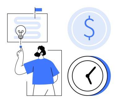 Strateji panosundaki ampulü gösteren adam, finansal odaklanma için dolar ikonu, zaman yönetimi için saat. Yenilik, üretkenlik, strateji, başarı, planlama, hedef belirleme liderliği için ideal