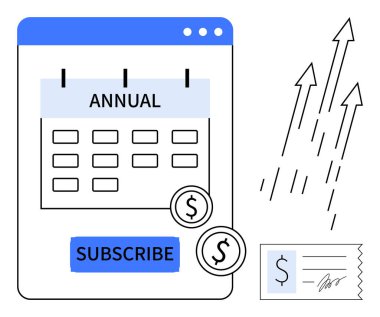 Üyelik düğmesi, ödeme paraları, makbuz ve yukarı yönlü oklarla yıllık takvim arayüzü. Pazarlama, e-ticaret, iş büyümesi, abonelik modelleri, finansal planlama için ideal