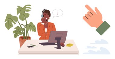 Masasında bilgisayarlı kulaklık takan bir kadın müşteri hizmetleriyle ilgileniyor. El hareketi ikonu rehberliği temsil ediyor. Destek, iletişim, yardım, takım çalışması, iş, geri bildirim için ideal basit