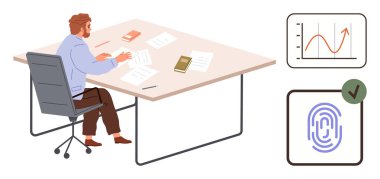 Masada oturmuş kağıtları, laptopu ve kitapları inceliyordu. Yakınlarda bir büyüme tablosu ve parmak izi doğrulaması var. İş stratejisi, analiz, teknoloji, güvenlik doğrulama büyümesi için ideal