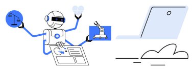 Robot adalet terazisi, robot kolu, kalp ikonu ve bir dizüstü bilgisayar ve bulut yakınında dijital arayüz ile hokkabazlık yapıyor. Yapay zeka, otomasyon, robot bilimi, hukuki teknoloji, sağlık hizmetleri, gelecek çalışmalar için ideal