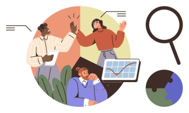 Çeşitli takımlar beşlik bir kutlama, büyüme grafiği, büyüteç ve dünya ile işbirliği yapıyor. Takım çalışması, başarı, işbirliği, küresel strateji, verimlilik ve ilerleme için ideal