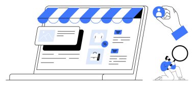 Depolama arayüzü, ürün simgeleri ve alışveriş arabası olan dizüstü bilgisayar ekranı, kullanıcı profili ve büyüteçle eşleştirilmiş. E-ticaret, çevrimiçi iş, alışveriş, kullanıcı yönetimi, ürün araması için ideal