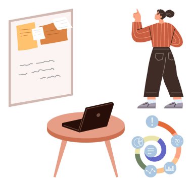 Tahtaya notlarla bakan bir kadın, ahşap masadaki dizüstü bilgisayar, dairesel veri elementleriyle bilgi veren bir kadın. Takım çalışması, planlama, eğitim, iş stratejisi, iletişim, işbirliği yaratıcı