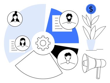 Takım üyesi profilleri pasta grafiği, iş akışı için vites büyümeyi işaret eden dolar ve megafon. İşbirliği, takım çalışması, liderlik, iş stratejisi, iletişim analizi için ideal