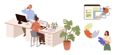 İki işçi, veri tabloları ve bulmaca parçalarıyla çevrili masalarda iş birliği yapıyor. Takım çalışması, ofis hayatı, proje yönetimi, sorun çözme, dijital çözümler, analitik ve eğitim için ideal