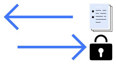 Dosyalar ve kilit arasındaki veri transferini simgeleyen iki ok, güvenli belge alışverişini temsil ediyor. İletişim, teknoloji, siber güvenlik, şifreleme, ağ paylaşımı, dosya paylaşımı, dijital