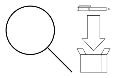 Büyüteç, kalem, aşağı doğru ok açık bir kutuyu gösteriyor. Arama, belge ve teslimatı simgeliyor. Araştırma, strateji, nakliye eğitimi için ideal iş akışı analizi. Minimalist daire