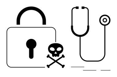 Asma kilit, steteskop ve çapraz kemikli kafatası. Sağlık hizmetleri veri güvenliği, siber tehditler, hasta mahremiyeti konuları. Siber güvenlik, sağlık, veri ihlali, dijital gizlilik riski için ideal