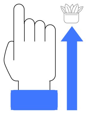 Mavi bir ok ve büyümeyi, başarıyı ve sürdürülebilirliği temsil eden küçük bir saksı bitkisinin yanında yukarı doğru uzanan el hareketi. İş geliştirme, ekoloji, strateji, fırsat, yön için ideal