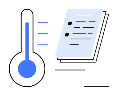 Mavi gradyanı olan termometre ve bir yığın belge kayıt, değerlendirme ve ilerleme analizini işaret ediyor. İklim analizi, araştırma, sağlık, izleme, veri toplama ve eğitim için ideal