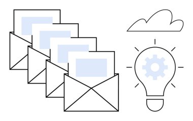 Dört zarf, yenilik, takım çalışması, iş stratejisi, yaratıcılık, problem çözme ve üretkenlik için parlak bir fikir ampulü ve dişli elementi ile eşleştirilmiş e-posta iletişimini sembolize eder. İdeal