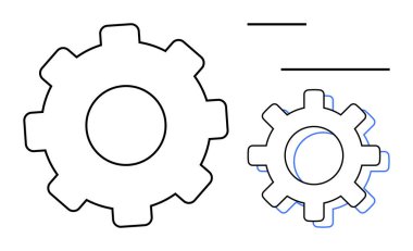 Farklı boyutlarda, minimalist tasarım ve çizgilerle örtüşen iki sadeleştirilmiş vites. Takım çalışması, işbirliği, iş akışı, mühendislik, otomasyon, süreç iyileştirmesi ve sistemler için ideal