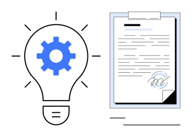 Fikirleri ve buluşları sembolize eden, imzalı anlaşmalı bir belgenin yanında bulunan, dişli ampul. Yaratıcılık için ideal, iş stratejisi, sözleşme, yenilik yönetimi, entelektüel