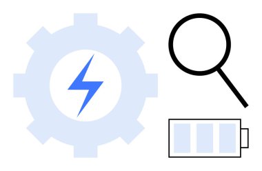 Güç verimliliği için yıldırımlı vites, enerji depolama için pil, analiz için büyüteç. Üretkenlik, yenilik, enerji yönetimi, optimizasyon, araştırma ve teknoloji için ideal
