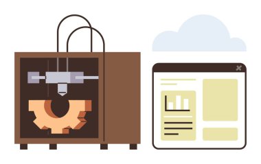 3D yazıcı, tasarım ve veri içgörülerini gösteren bir arayüz penceresiyle mekanik bir donanım üretiyor. Teknoloji, yenilik, imalat, prototip, donanım, otomasyon için ideal, basit