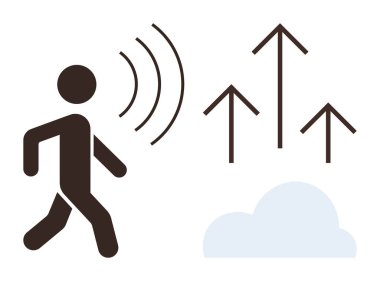 Yukarı doğru ses dalgaları yayarak yürüyen kişi gelişimi, iletişimi ve büyümeyi sembolize eder. Teknoloji, yenilik, iletişim, ilerleme, ağ oluşturma, hedefler için ideal başarı