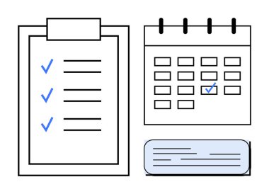 Kontrol listeli pano, işaretli tarihli takvim ve not bloğu. Organizasyon, planlama, planlama, görev takibi, verimlilik iş akışı ve proje yönetimi için ideal. Temiz daire
