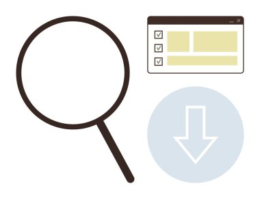 Büyüteç, tarayıcı penceresindeki kontrol listesi ve arama, görev yönetimi, dijital araçlar, veri organizasyonu, bilgi erişimi, iş akışı kullanıcı etkileşimini sembolize eden aşağı ok. Basit düz