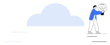 Bir birey, yaratıcılığı ve teknolojiyi vurgulayan bulut önünde ampul taşır. Yenilik için ideal, bulut teknolojisi, takım çalışması, vizyon, büyüme, gelecek, basit düz metafor