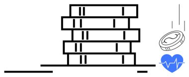 Düşen bir madeni paranın yanında madeni para yığını ve sağlık için bir kalp atışı sembolü. Sağlık fonu, hayır kurumu, mali planlama, tıbbi yardım, tasarruf, sigorta, refah için ideal