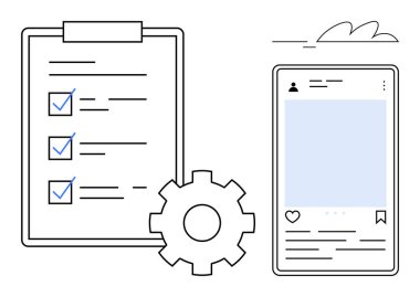 Kontrol işaretli görev listesi, akıllı telefondaki sosyal medya arayüzü ve bir dişli. Üretkenlik, yönetim, iş akışı, sosyal medya stratejisi, organizasyon, analitik basit düz metafor için ideal