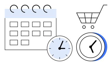 Şebeke tasarımı, duvar saatleri ve alışveriş arabasıyla takvim çizelgesi, son teslim tarihi ve online alışveriş. Üretkenlik, zaman takibi, e-ticaret, iş akışı planlaması için ideal
