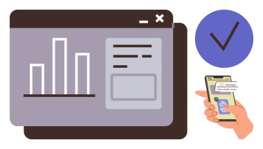 Bir ekrandaki ve eldeki bar çizelgesi analizleri onaylanmış işaretli ödeme için akıllı telefonu kullanıyor. Finans, teknoloji, iş, güvenlik, veri, onay, analitik için ideal. Basit düz metafor