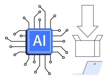 Devrelerle çevrili yapay zeka çipi indirme oku ile kutuya bağlanıyor, teknik iş akışını yansıtıyor. Teknoloji, yazılım, yenilik, yapay zeka, veri transferi, gelecekteki konseptler için ideal. Basit.