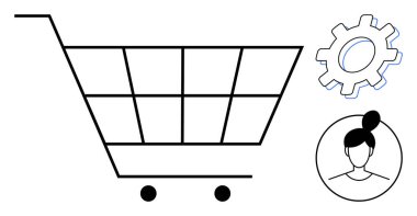 Alışveriş arabası, özelleştirme için çark ve kişiselleştirme için kullanıcı profili simgesi ile çevrimiçi alışverişi temsil ediyor. E-ticaret için ideal, dijital pazarlama, tüketici davranışı, UX tasarımı, çevrimiçi