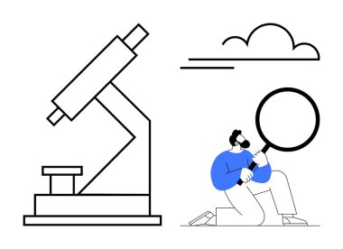 Bilim adamları büyüteçle diz çöküyor, büyük mikroskop, havada süzülen bulut. Bilim, araştırma, keşif, keşif, gözlem, yenilik merakı için idealdir. Basit düz metafor
